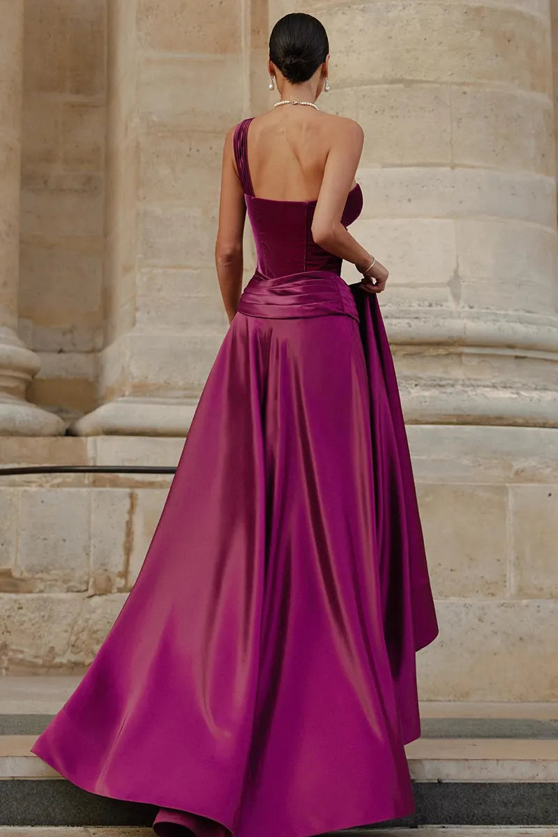 Robe Weitese élégante asymétrique sans manches, corset plissé, fente haute, robe de soirée formelle, robe longue en satin, robe de bal violette